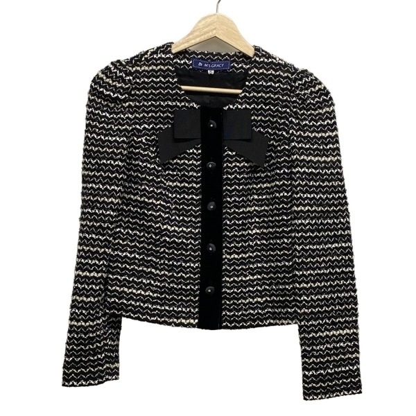 エムズグレイシー M'S GRACY サイズ36 S - 黒×白 レディース 長袖/ツイード/ボーダー/ラインストーン/ラメ/リボン/秋/冬 美品 ジャケット拍卖
