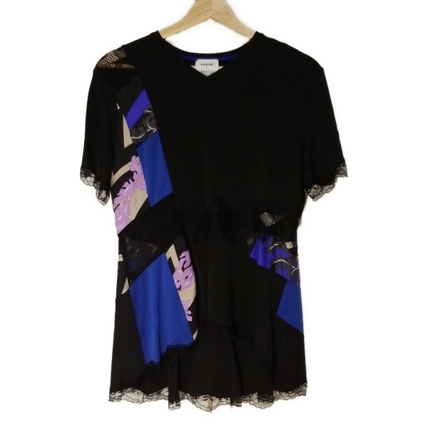 エミリオプッチ EMILIO PUCCI(PUCCI) 半袖カットソー サイズ42 I - 黒×ブルー×マルチ レディース Vネック トップス拍卖