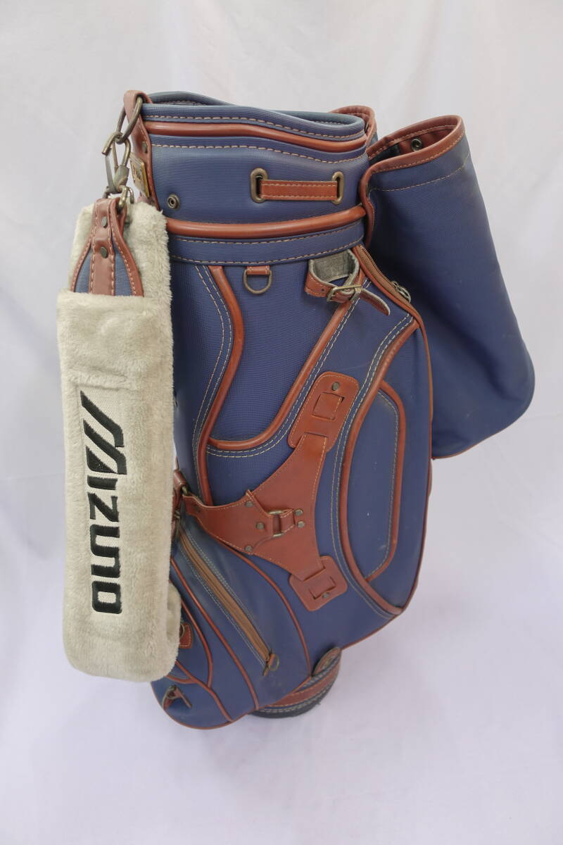 (M-496) ミズノ MIZUNO ゴルフバッグ キャディバッグ フードカバー付き ブルー ブラウン ゴルフ用品 スポーツ用品 アウトドア 中古拍卖
