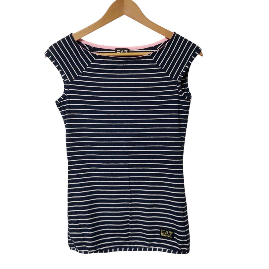 EA7 EMPORIO ARMANI エンポリオアルマーニ Tシャツ カットソー ボーダー ボートネック ストレッチ S ネイビー 白 ロゴ レディース M5拍卖