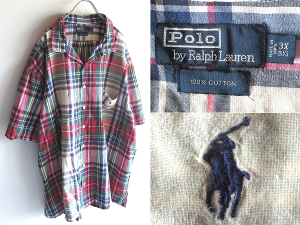 90sビンテージ Polo by Ralph Lauren ラルフローレン ポロポニーロゴ刺繍 チェック 開襟 ボックス オープンカラーシャツ 3X BIG USA企画拍卖