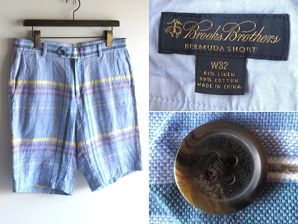 Brooks Brothers ブルックスブラザーズ BAIRD McNUTT アイリッシュリネンコットン チェック バミューダショーツ ショートパンツ W32 水色拍卖
