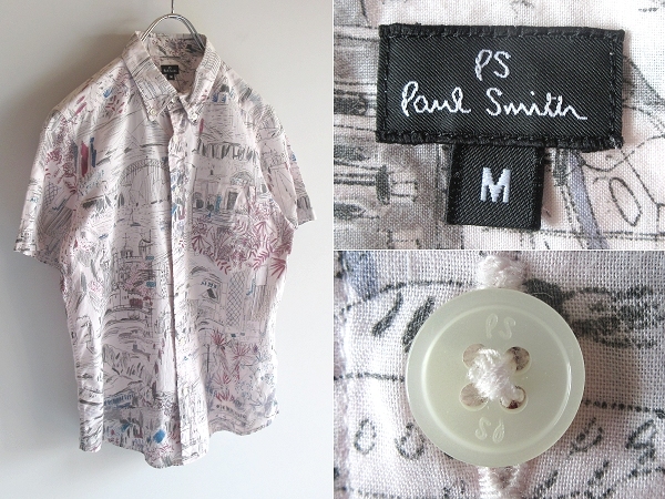 ネコポス対応 PS Paul Smith ポールスミス ラフスケッチ/アート柄 総柄 コットン 半袖 BDシャツ M ライトピンク 薄桜色 日本製 国内正規品拍卖