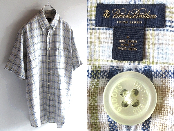 希少 90sビンテージ Brooks Brothers ブルックスブラザーズ アイリッシュリネンシャツ チェックシャツ BDシャツ M グリーン ブルー拍卖