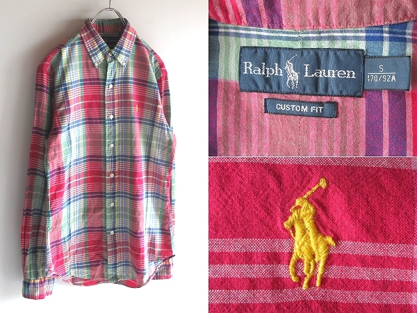 ネコポス対応 Ralph Lauren ラルフローレン CUSTOM FIT ポロポニーロゴ刺繍 コットン マドラスチェックシャツ BDシャツ S インド製拍卖