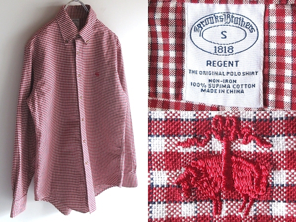 美品 Brooks Brothers ブルックスブラザーズ REGENT 羊ロゴ刺繍 スーピマコットン チェックシャツ BDシャツ S レッド 赤白黒 ネコポス対応拍卖