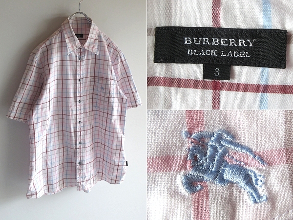 希少 BURBERRY BLACK LABEL バーバリーブラックレーベル ホースロゴ刺繍 ロゴピスネーム コットン 半袖 チェックシャツ 3 ネコポス対応拍卖