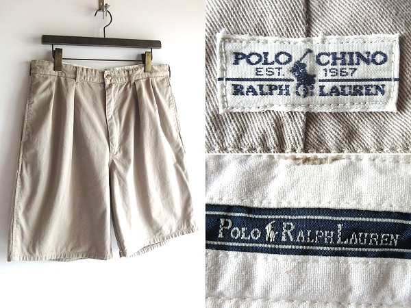 90sビンテージ Polo Ralph Lauren ラルフローレン TYLER SHORT ロゴワッペン タック ショートパンツ チノ ショーツ W34 ベージュ USA企画拍卖