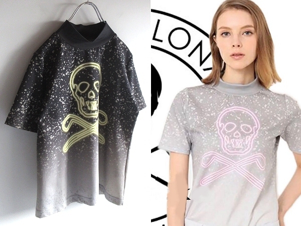 美品 MARK&LONA マーク&ロナ 2020SS スカル/ロゴプリント 接触冷感 ストレッチ モックネックTシャツ 38 ブラック グレー ネコポス対応拍卖