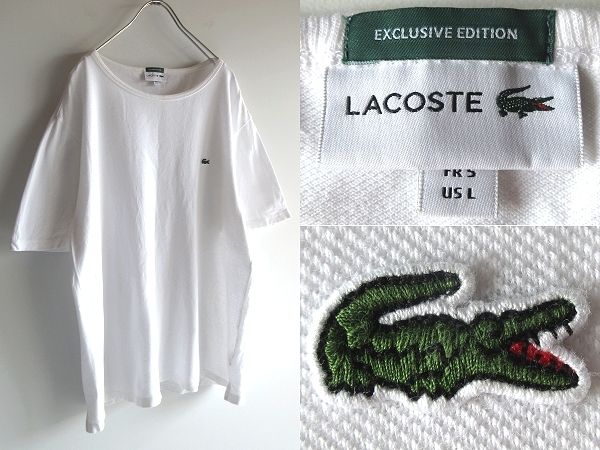 BEAMS × LACOSTE ビームス別注 ラコステ ワニロゴワッペン 綿麻 コットンリネンカノコ Big ビッグTシャツ 5/L ホワイト 白 ネコポス対応拍卖