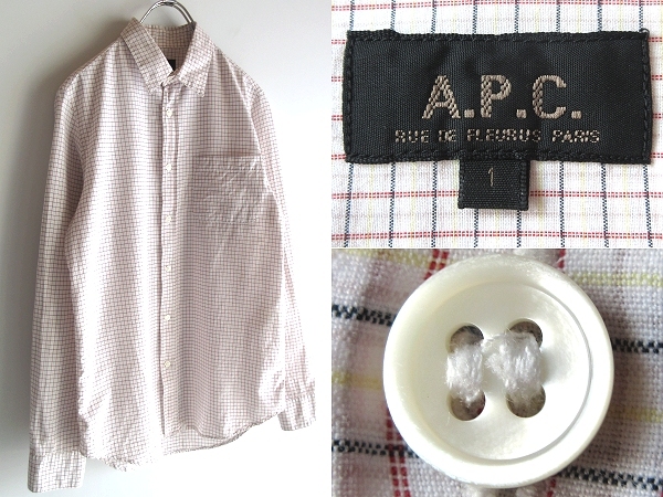 00sビンテージ A.P.C. アーペーセー コットン チェックシャツ 1 ホワイト レッド ネイビー チュニジア製 イーストバイウエスト期 ネコポス拍卖