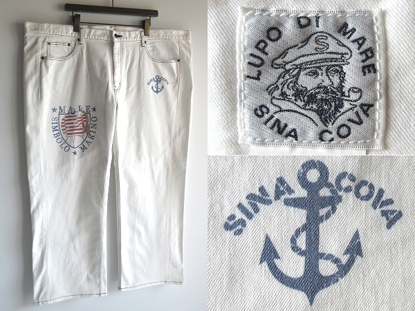 特大 ビッグサイズ105 SINA COVA シナコバ アンカー/ロゴプリント ストレッチ ホワイトデニムパンツ W128cm 白 日本製 イタリアブランド拍卖