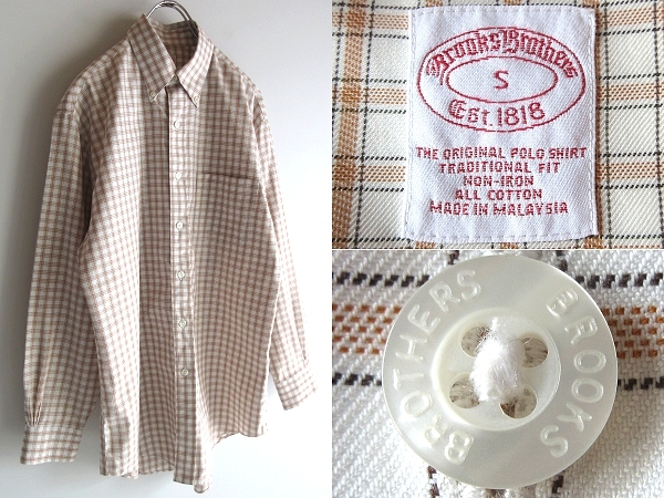 ネコポス対応 Brooks Brothers ブルックスブラザーズ NON-IRON トラディショナルフィット チェックBDシャツ S オフホワイト ライトブラウン拍卖