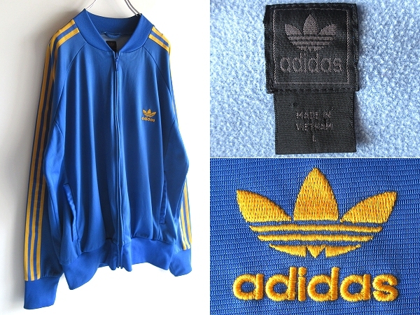 希少 00sビンテージ adidas originals アディダス オリジナルス トレフォイルロゴ刺繍 ATP型 トラックジャケット ジャージ L 青黄 海外企画拍卖