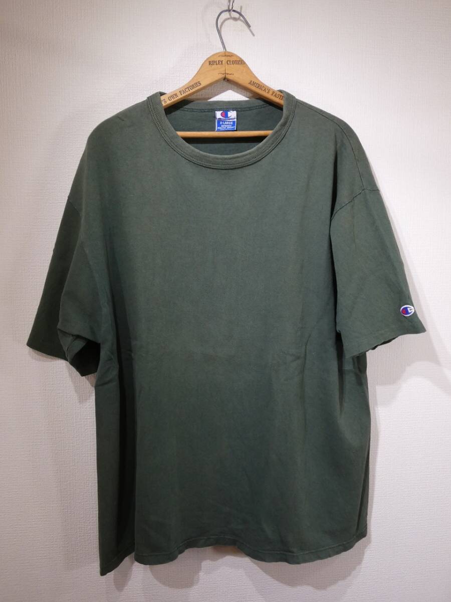レア サンフェード USA製 90s ビンテージ Champion チャンピオン グリーン ブランク ソリッド 無地 Tャツ XL 80s 70s 目無し 袖シングル拍卖