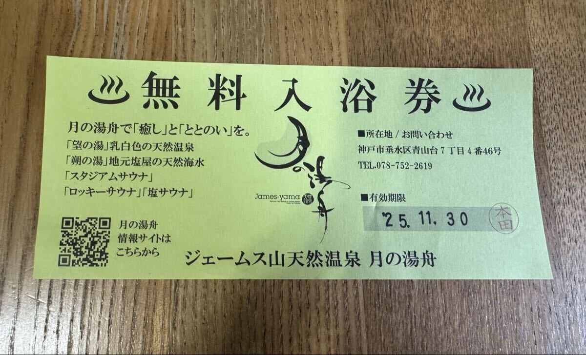 ジェームス山天然温泉 月の湯舟 入浴券 2025/11/30迄 手渡し、直接ポスト投函可 コメント要拍卖