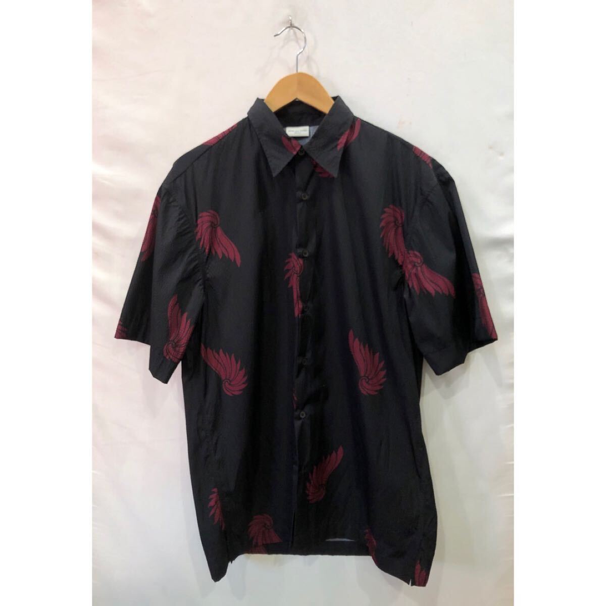 ts20250814 【DRIES VAN NOTEN】カーキ プリント シャツ 半袖シャツ ドリスヴァンノッテン Mサイズ 231-2765 ブラックタフタシャツ 拍卖