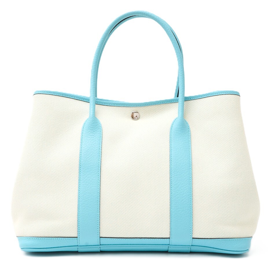 HERMES エルメス ガーデンパーティ PM T刻印(2015年頃製造) ハンド トートバッグ トワルアッシュ ブルーアトール×シルバー拍卖