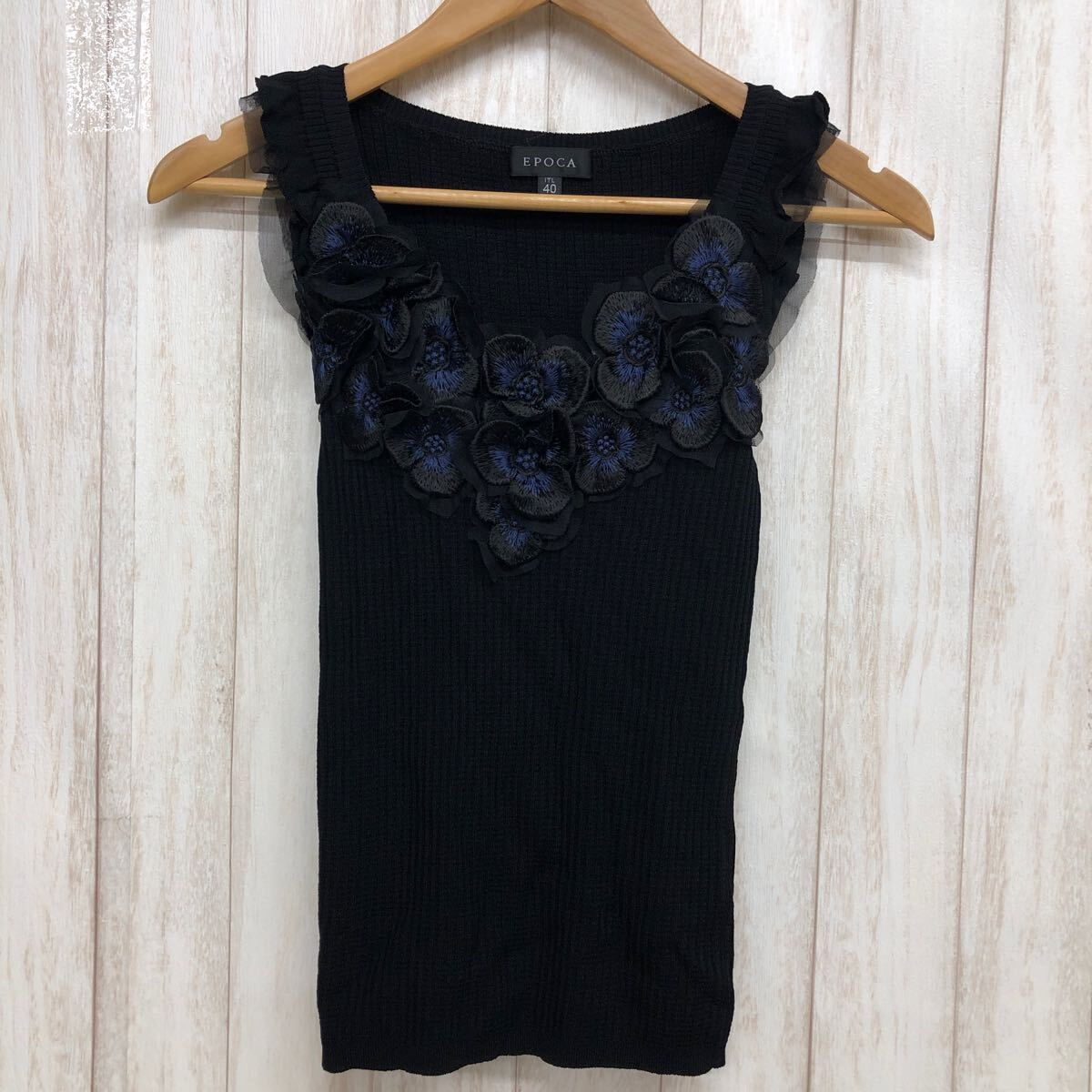 EPOCA エポカ ノースリーブニット サイズ40 レース 花刺繍 レーヨン 日本製 ネイビー レディース YF499拍卖