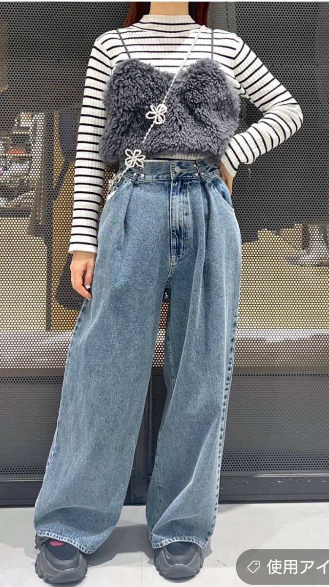 新品ラコレウエストフック デニムパンツ ジーンズ ブルー ハイウエストスタイルアップ拍卖