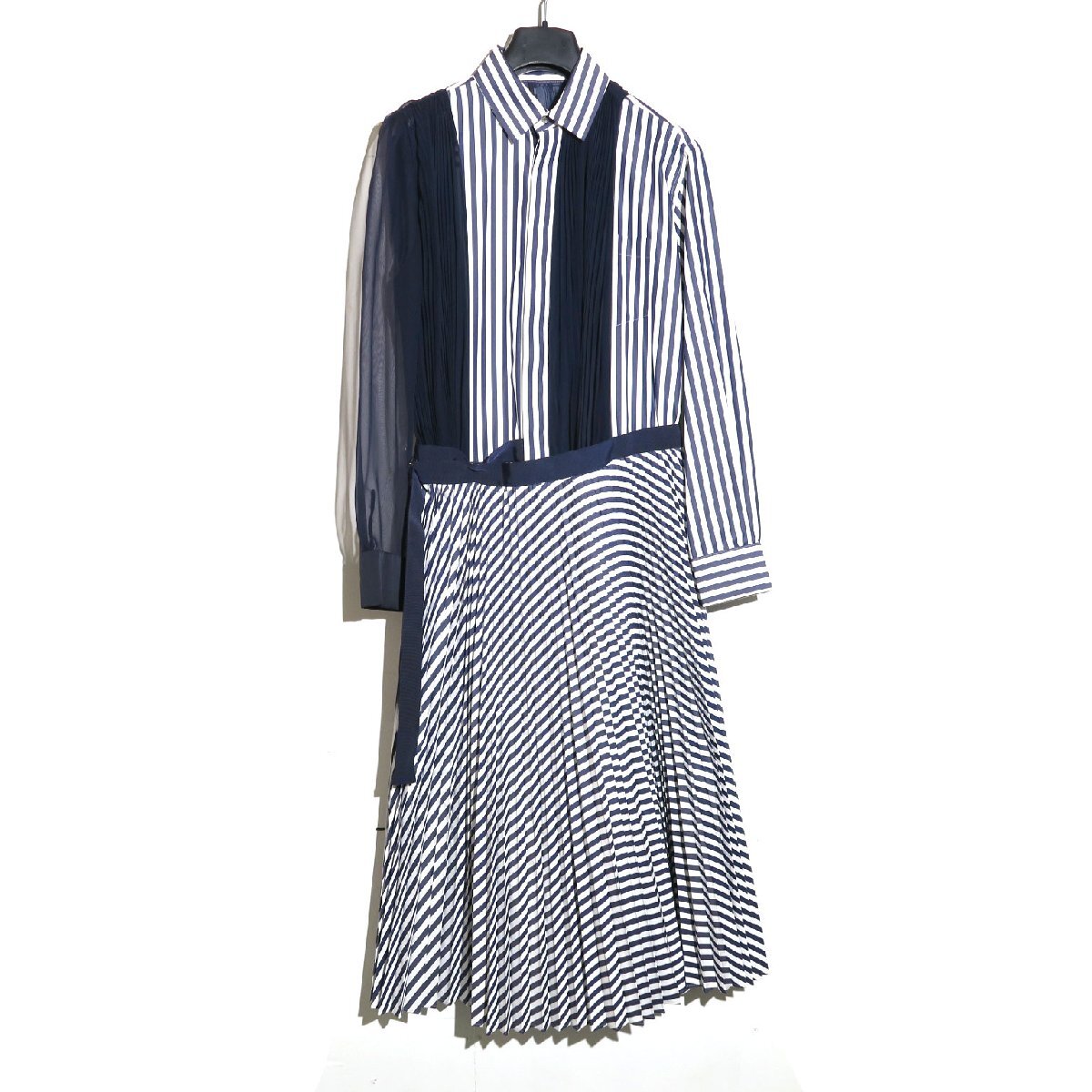 23ss sacai STRIPE SEETHROUGH SHIRT DRESS size1 WHITE NAVY 23-06824 サカイ ストライプ シースルー シャツ ワンピース プリーツ ラップ拍卖