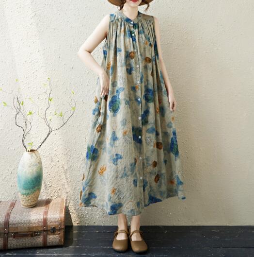 ノースリーブワンピース ノースリーブ ロングワンピース 花柄 レディース 夏 綿麻風 シャツワンピース 体型カバー 大きいサイズ拍卖