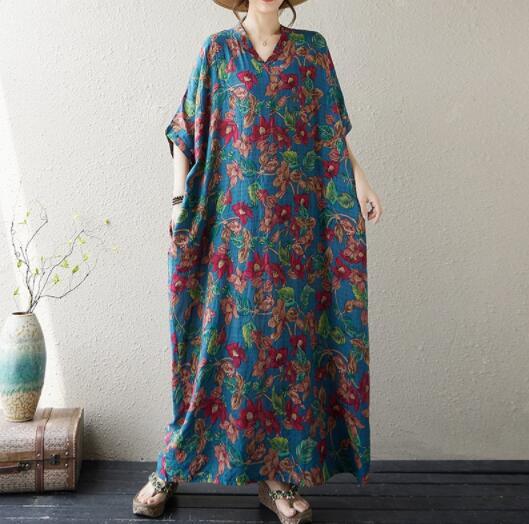 大きいサイズVネックのお花柄がおしゃれなコットン風しっとり素材 新品 大きいサイズ マキシ丈ワンピ拍卖