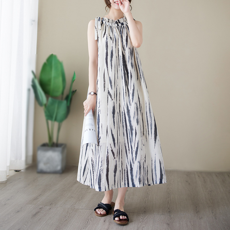 ワンピース ノースリーブ ロングワンピース ゆったり Aライン レディース マキシ 涼しい ロング丈 夏 プリント柄 ワンピノースリーブ拍卖