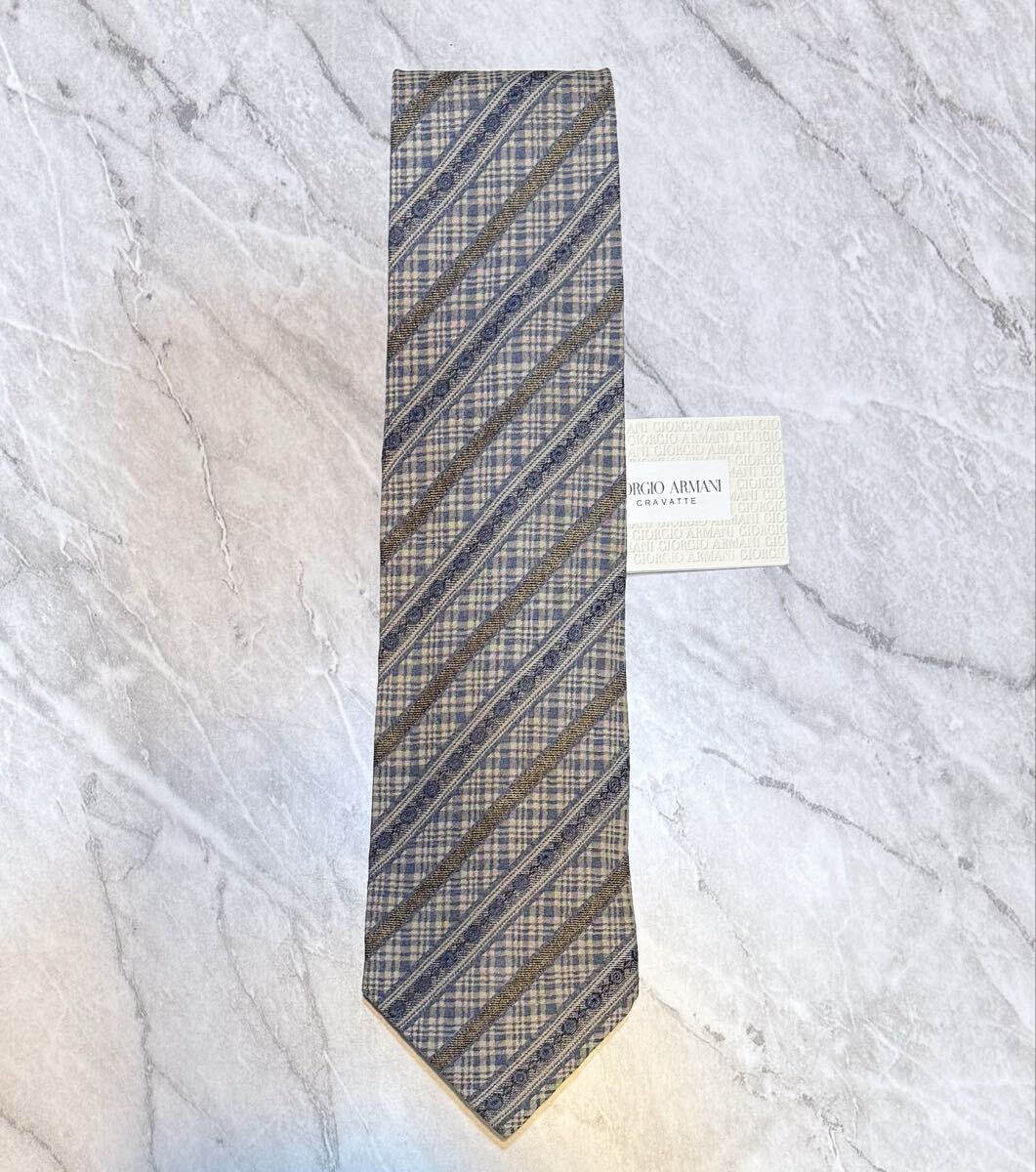 新品未使用 ジョルジオアルマーニ ストライプチェック 絹 ネクタイ イタリア製拍卖