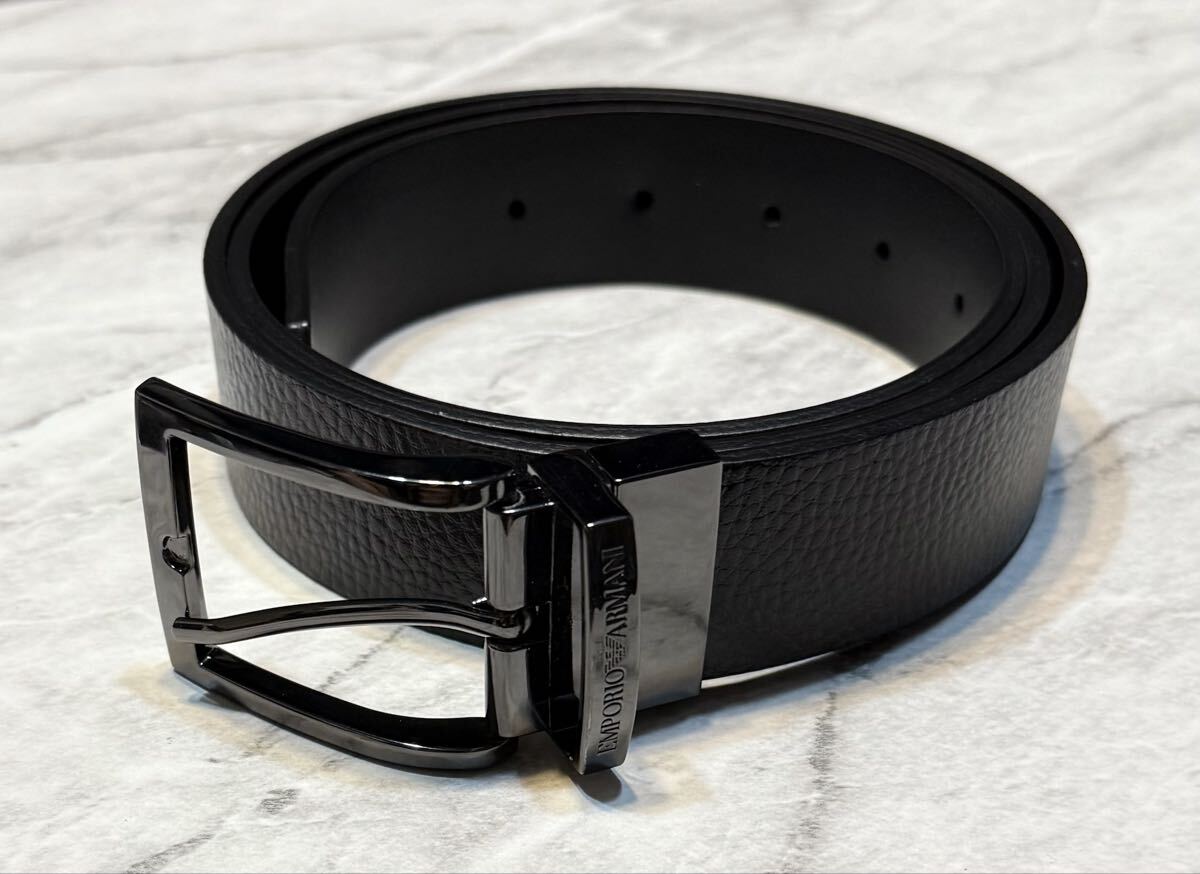 エンポリオアルマーニ エンブレム刻印 ブラックバックル レザーベルト イタリア製拍卖