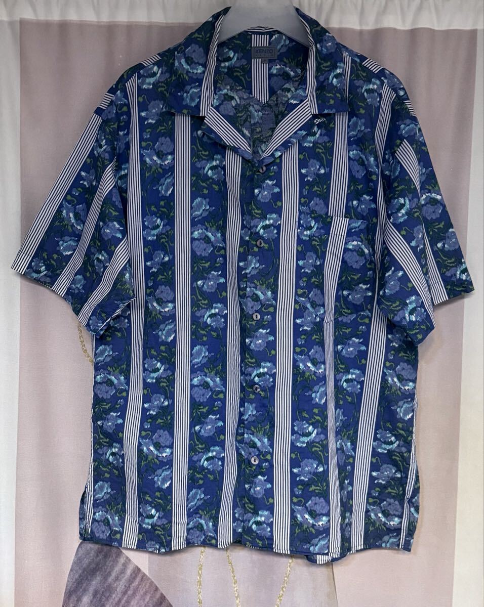 ケンゾー シェルボタン コットン 花柄 オープンカラーシャツ ネイビー 日本製拍卖