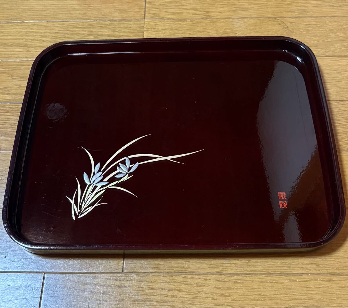 角盆 お盆 漆器 木製漆器 トレー 盆 春蘭模様 39×30センチ拍卖
