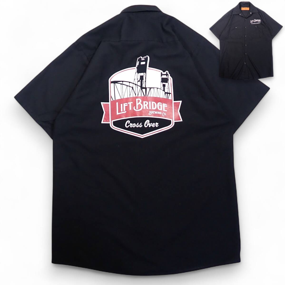 6896/RED KAP 半袖ワークシャツ M●両面 LIFT BRIDGE BREWING Co. Cross Over MINNESOTAレッドキャップ●洗濯プレス済●ネコポス可●古着拍卖