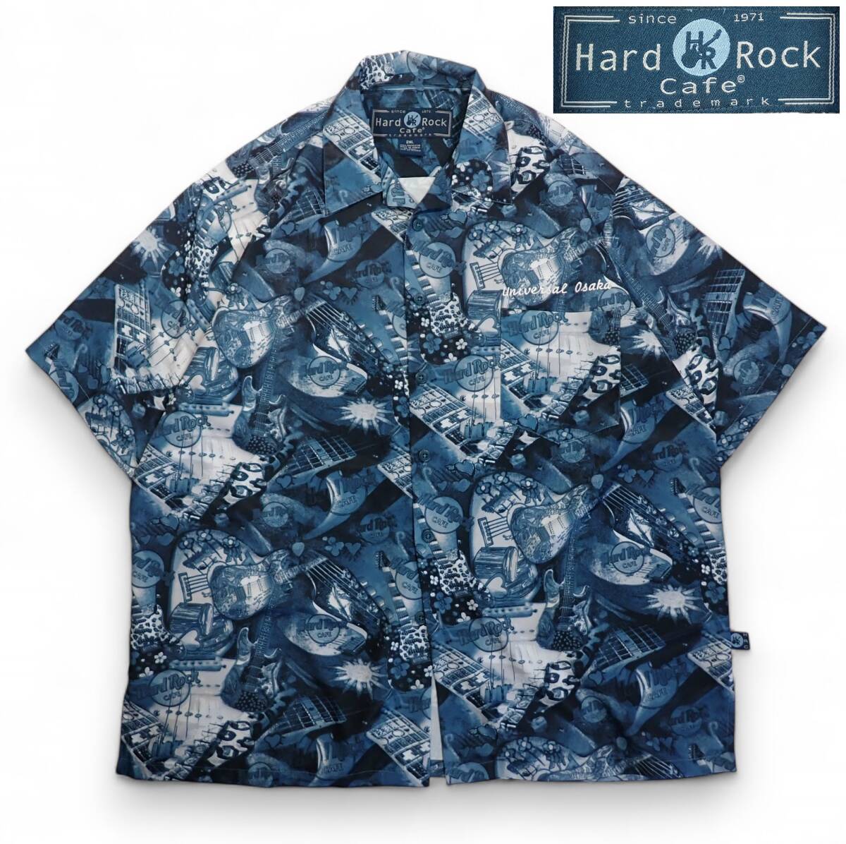6956/美品 Hard Rock Cafe 半袖オープンシャツ 2XL●くすみ色universal Osakaロゴマークギター柄総柄ハードロックカフェ●洗濯プレス済古着拍卖