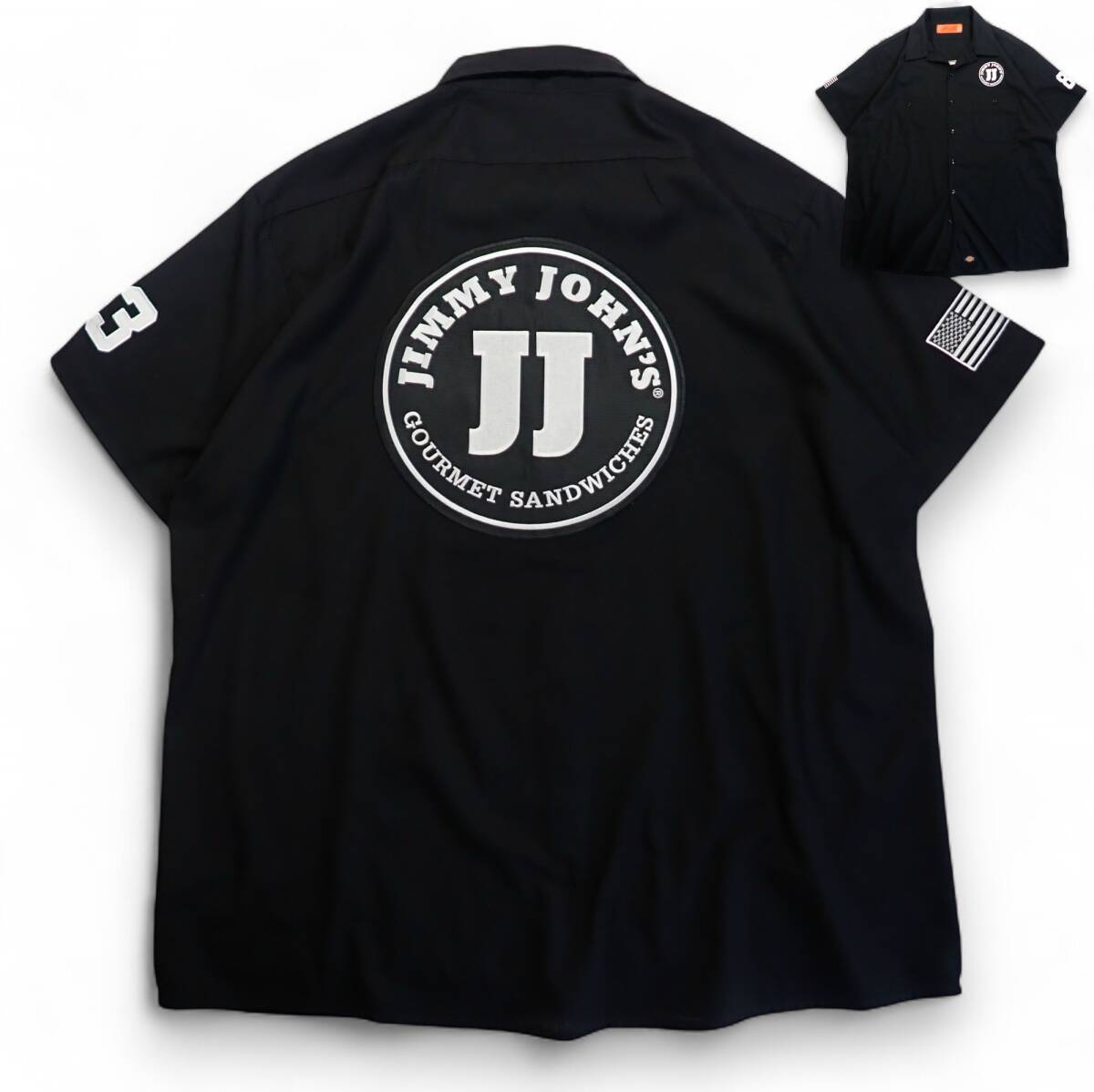 6947/良好 Dickies 半袖 ワークシャツ 2X●星条旗 JJ JIMMY JOHN'S GOURMET SANDWICHES サンドウィッチ ディッキーズ●洗濯プレス済●古着拍卖