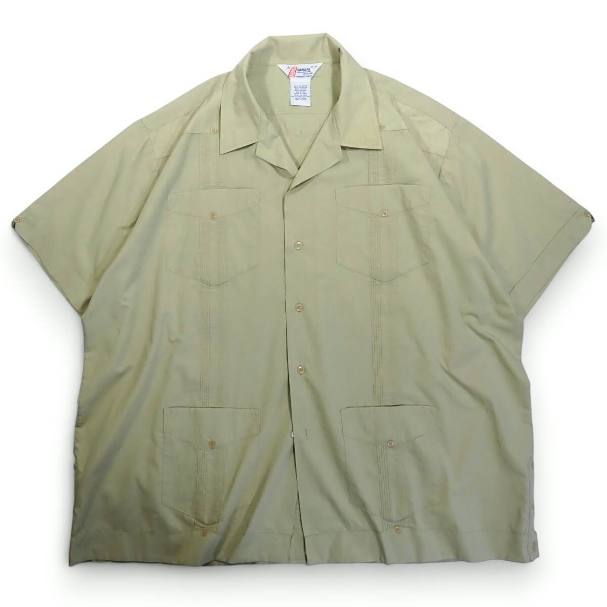 6973/the ROMANI 半袖キューバシャツ 2X●くすみ色グリーン 緑 メキシカンシャツ ピンタック●洗濯プレス済●ネコポス可●メンズ 古着拍卖
