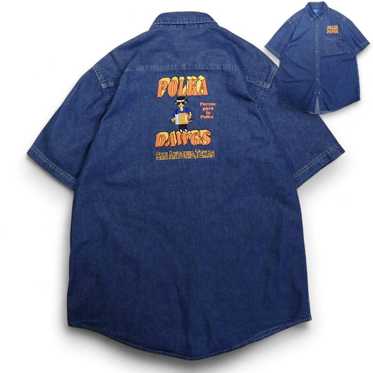 6931/美品 PORT&COMPANY 半袖デニムシャツ L●POLKA DAWGS SAN ANTONIO,TEXAS ワークシャツ●洗濯プレス済●古着拍卖