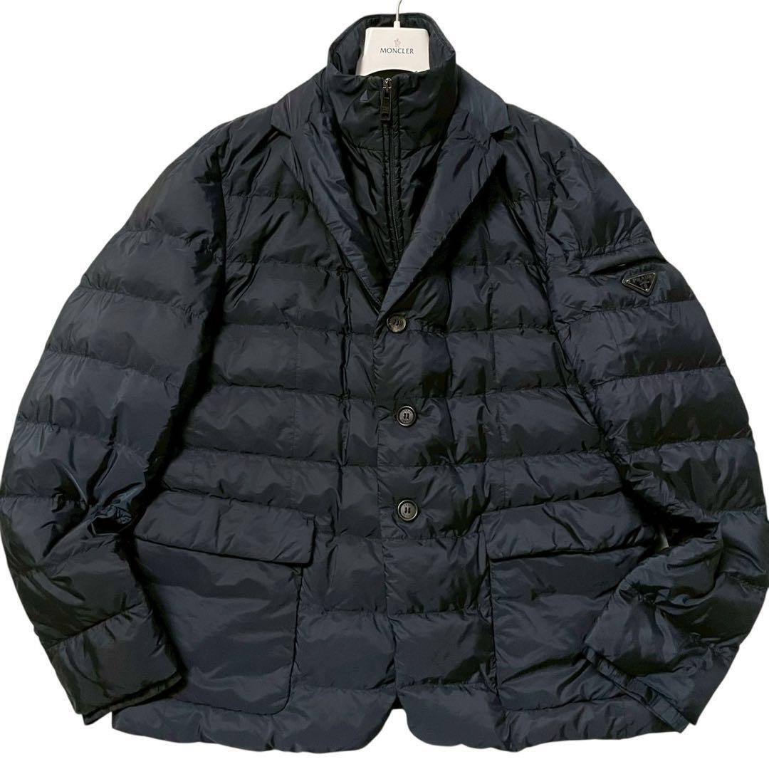 美品/2XL PRADA プラダ レイヤード ダウンジャケット テーラード ブルゾン 三角プレート ロゴ メンズ ネイビー ビジネス カジュアル XXL 3L拍卖