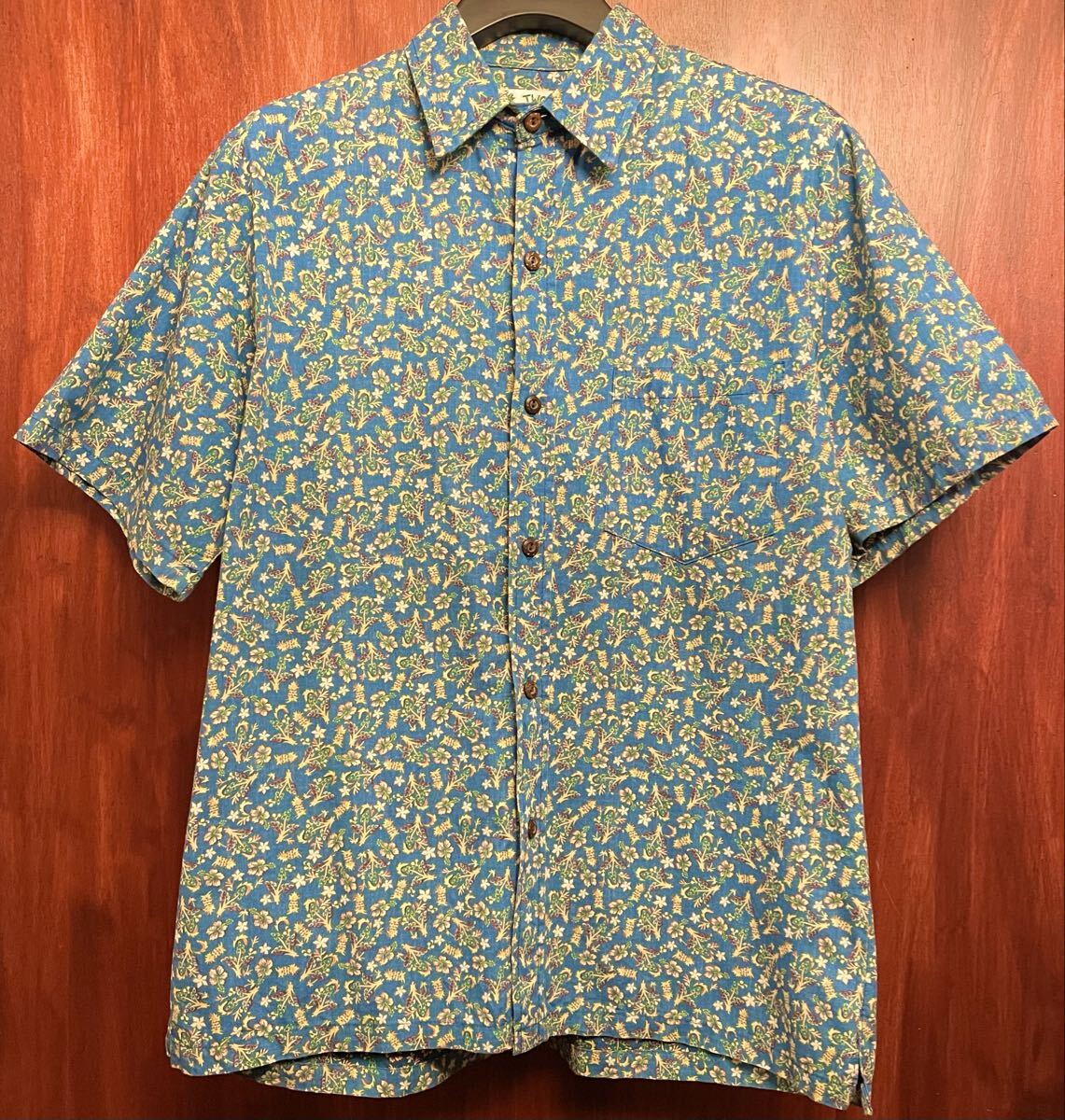 MADE IN HAWAII製 TWO PALMS アロハ柄 半袖コットンシャツ ブルー Mサイズ トゥーパームス ハワイ製 アロハシャツ 花柄 半袖シャツ 青拍卖