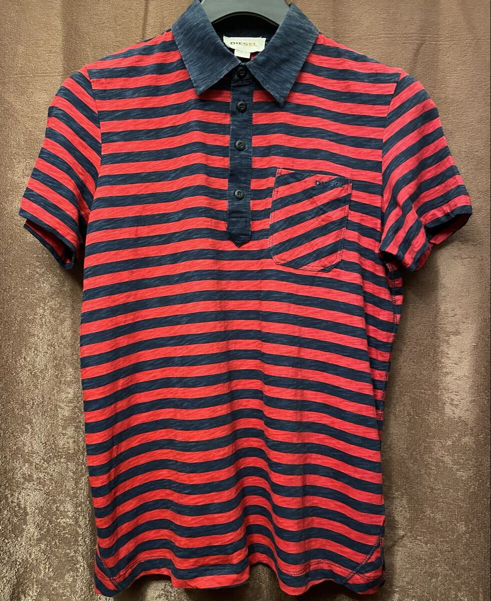 DIESEL ボーダー柄 半袖 ニットポロシャツ レッド×ネイビー Sサイズ ディーゼル ポロシャツ 赤 紺拍卖