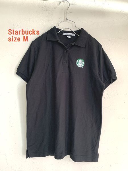 ◆A04◆Starbucks スターバックス ポロシャツ PORT AUTHORITY 黒 ブラック 鹿の子素材 レディース サイズM拍卖