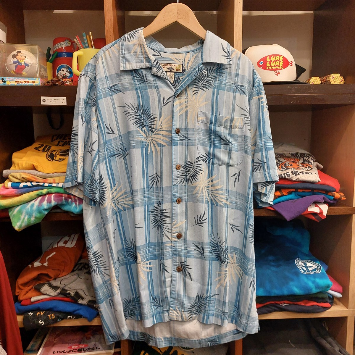 CARIBBEAN JOE アロハシャツ ヤシの木柄 ブルー チェック柄 メンズ サイズS(日本サイズL位)ハワイアン 半袖シャツ 07H1302拍卖