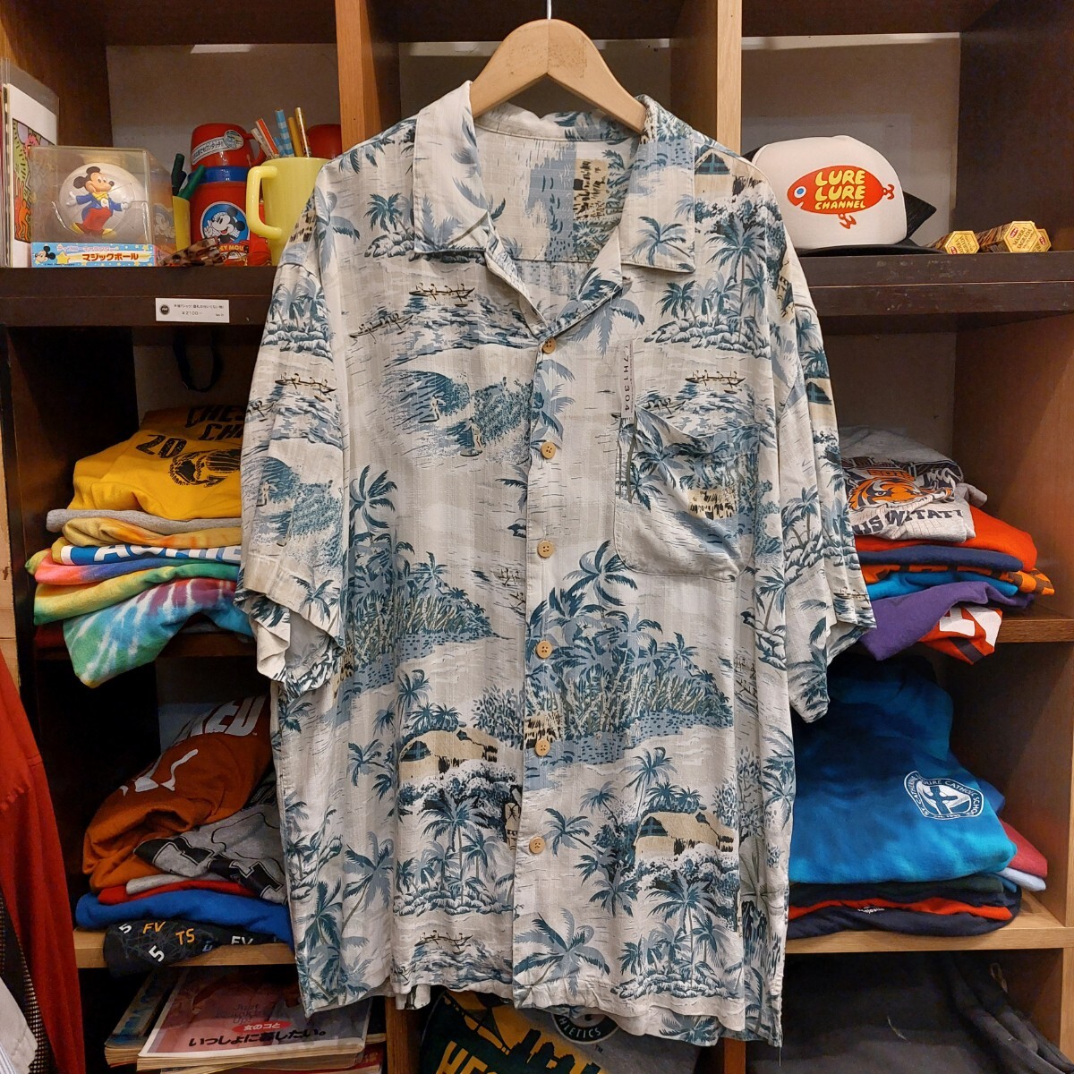 US古着 アロハシャツ ヤシの木 サファー柄 サーフィン メンズ サイズXL位 ハワイアン 半袖シャツ 大きいサイズ ビッグサイズ 07H1304拍卖