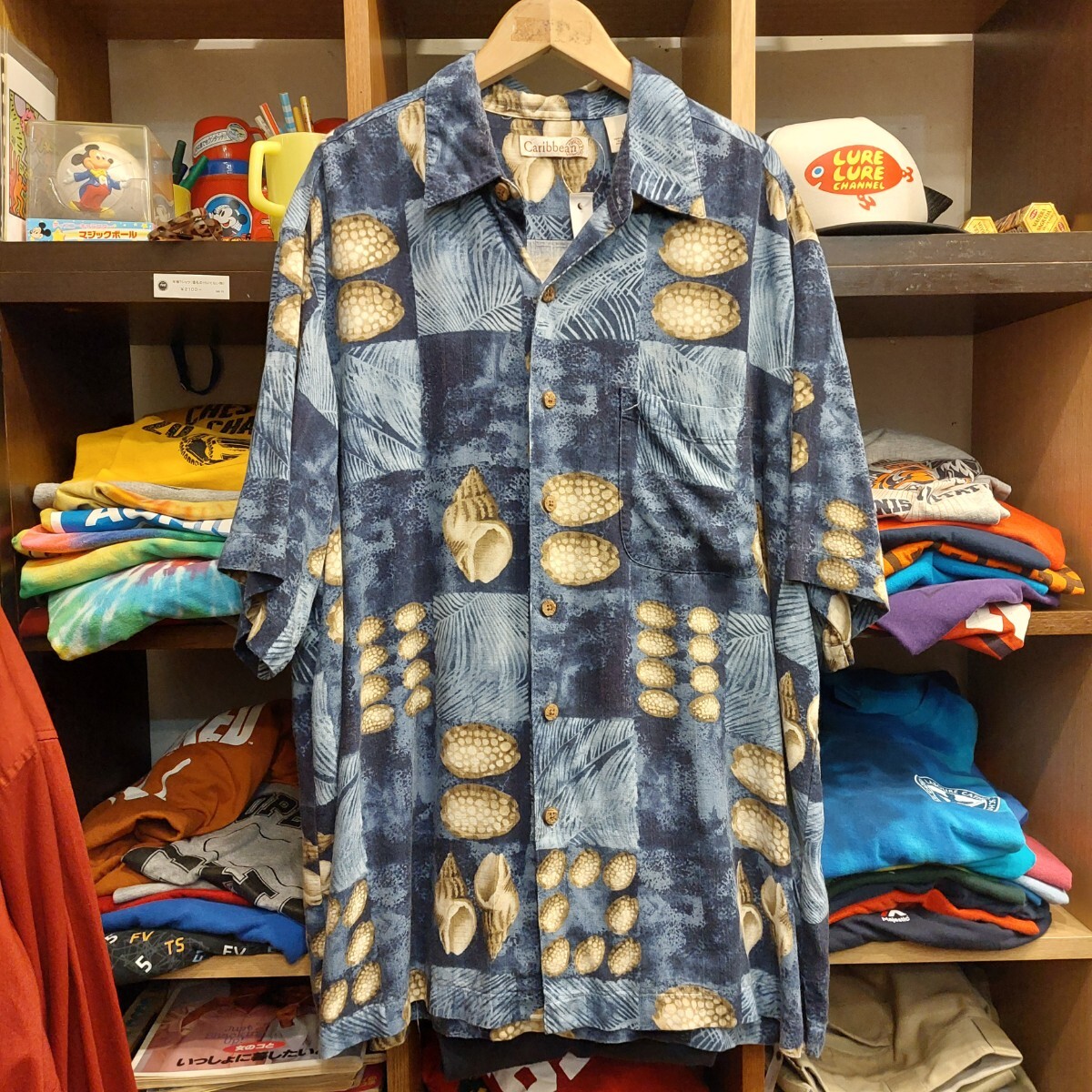 US古着 CARIBBEAN アロハシャツ 貝柄 メンズ サイズL ハワイアン 半袖シャツ 07H1307拍卖