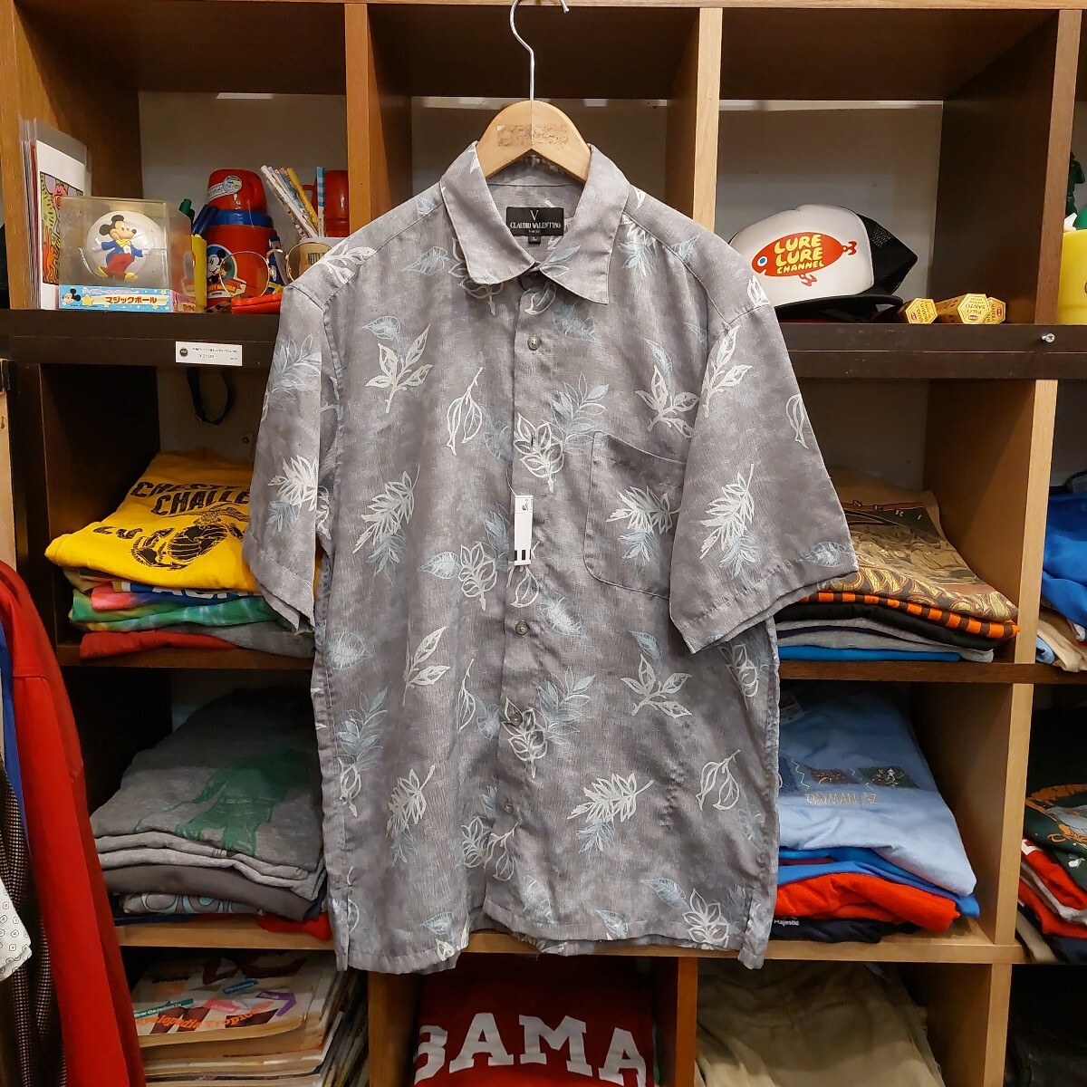 CLAUDIO VALENTINO 半袖シャツ 柄シャツ グレー 麻昆 L 07H2207拍卖