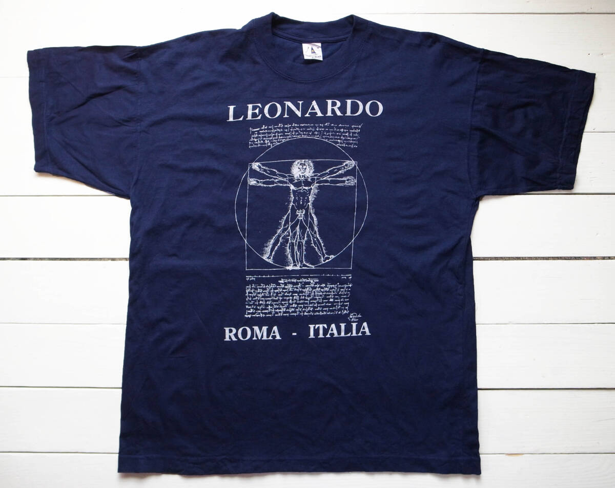 90s / LEONARDO DA VINCH レオナルド ダヴィンチ ウィトルウィウス的人体図 Tシャツ XXL ネイビー アートT ビンテージ拍卖