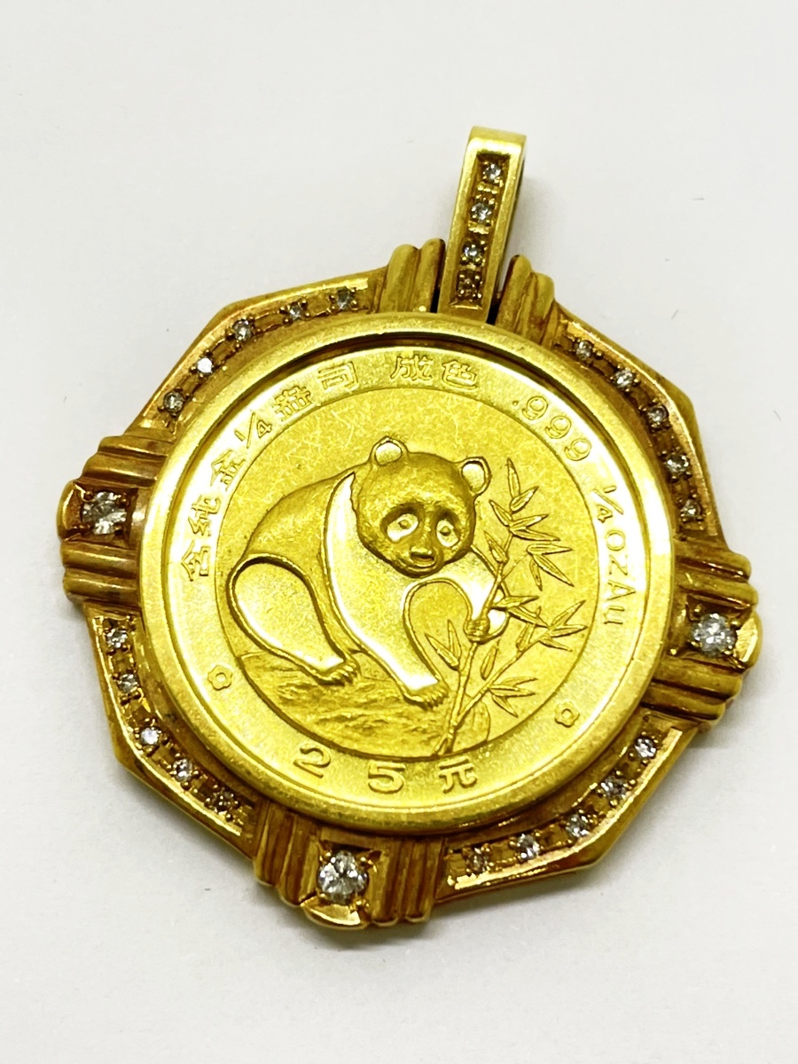 ◆◆【ダイヤモンド】K24 純金 パンダ 1988年 1/4oz 25元 K18 18金 枠 ダイヤ 0.11ct 0.15ct コイン トップ 中華人民共和国 oi ◆◆拍卖