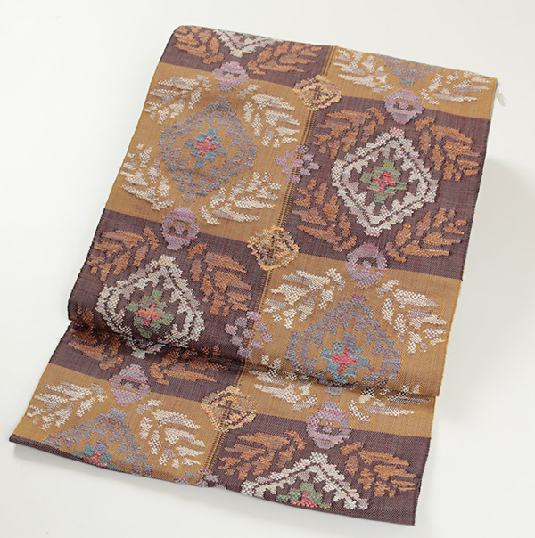 和遊館 即決ona4483 西陣 帯屋捨松 お洒落 八寸 名古屋帯 イタリー花菱文 お仕立て付き 茶色系拍卖