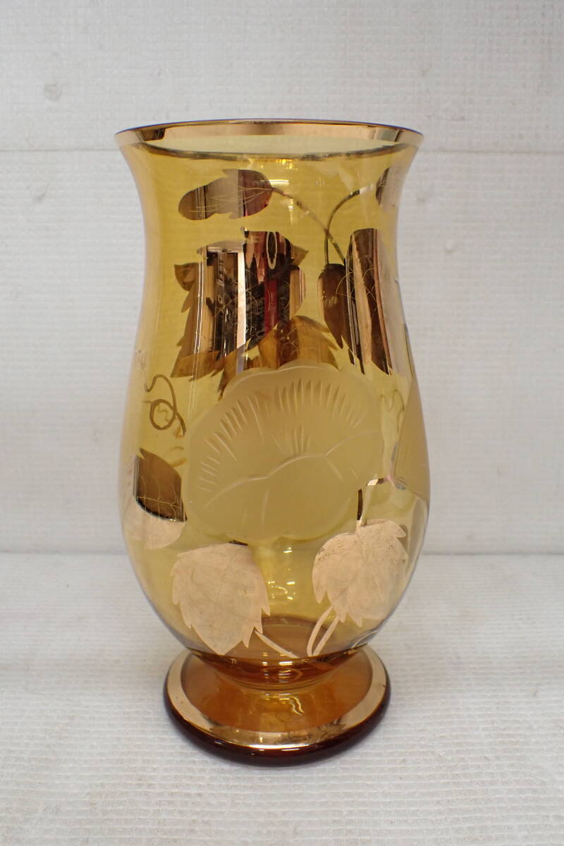 ボヘミアンガラス 金彩花紋 フラワーベース 花瓶 高さ約26cm M3-MA拍卖
