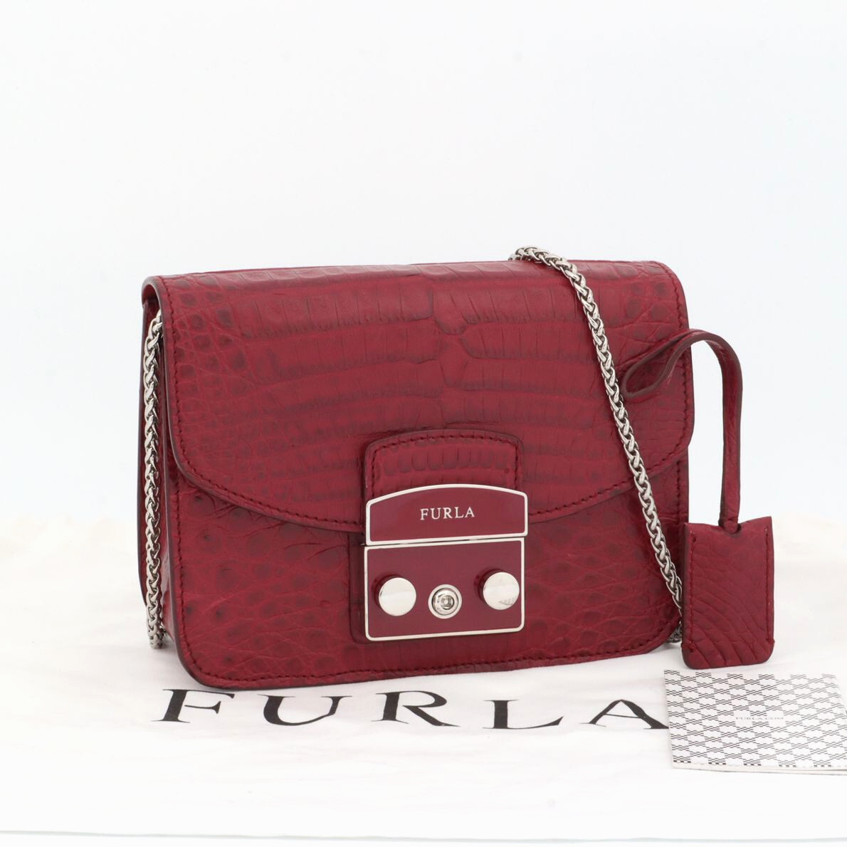 極美品 フルラ FURLA メトロポリス リアルクロコダイル チェーン ショルダーバッグ 斜め掛け レッド レディース オーダーメイド品拍卖